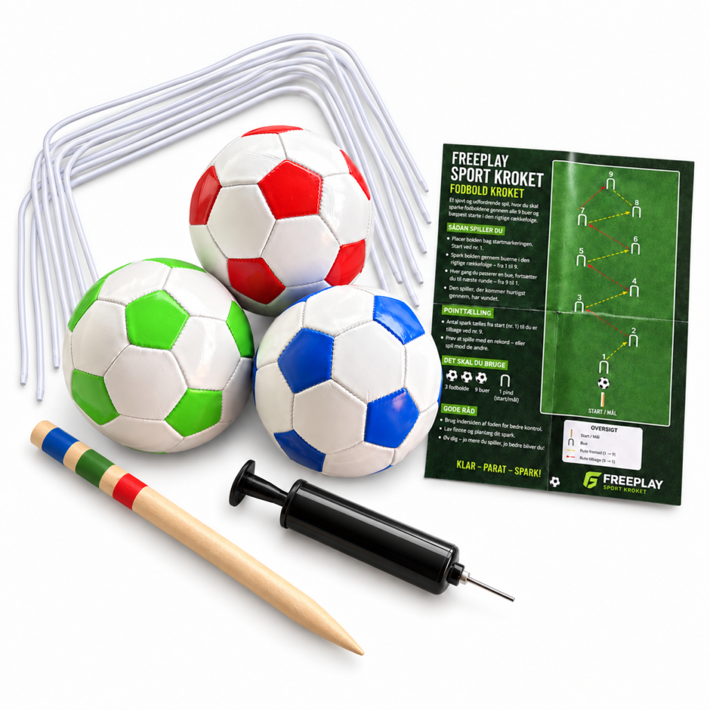 Fotbollskrocket – ett roligt trädgårdsspel med 3 fotbollar och 9 bågar Upptäck fotbollskrocket från Freeplay Sport, fotbollspelet som kombinerar det bästa från fotboll och klassisk krocket. Det är ett roligt och aktivt trädgårdsspel för både barn och vuxna. I stället för att använda en krocketklubba ska spelarna sparka sin fotboll genom banans nio bågar. Det kräver precision, rätt kraft i sparkarna och framför allt god bollkontroll. Banan kan sättas upp på många olika sätt, så du bestämmer själv både längden och svårighetsgraden.